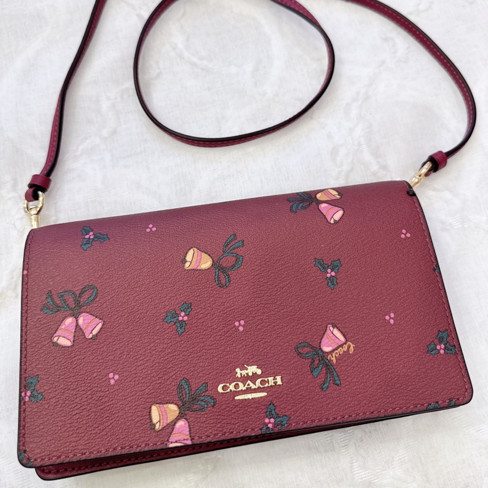 NWT Coach Anna Foldover Clutch Crossbody With Holiday Bells Print
